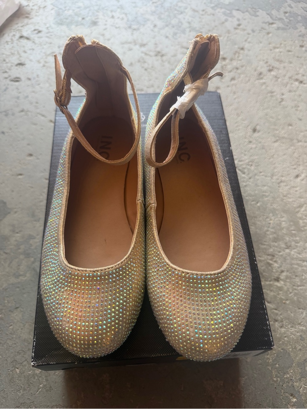 “New” INC Sparkle Ankle-Strap Ballet Flats in Iridescent Gold size3